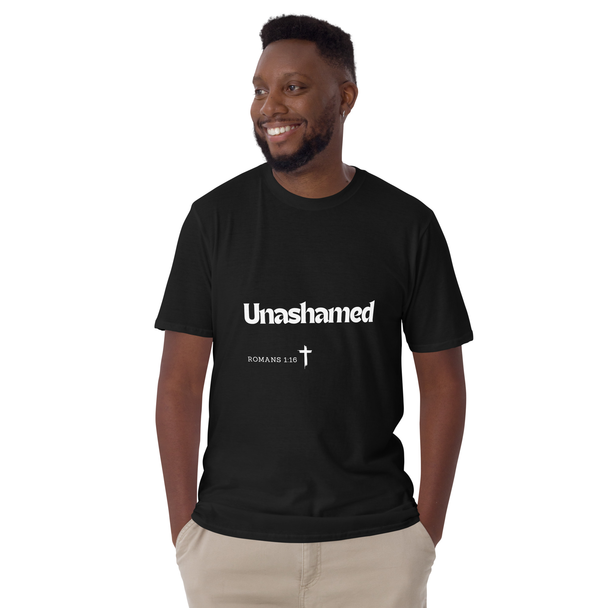 'Unashamed' Unisex T-Shirt - w/Scripture, Dark Colours - Image 2
