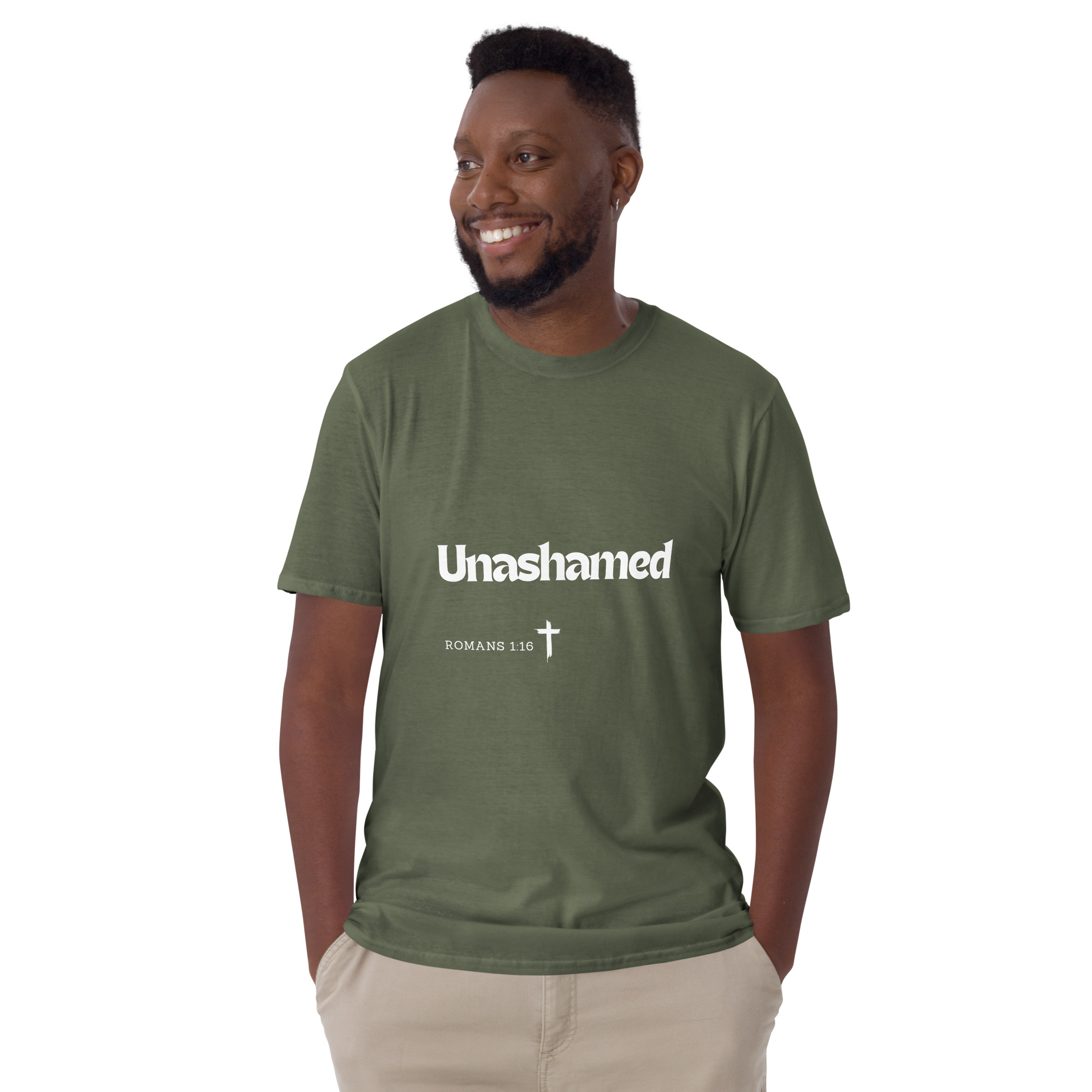 'Unashamed' Unisex T-Shirt - w/Scripture, Dark Colours - Image 5
