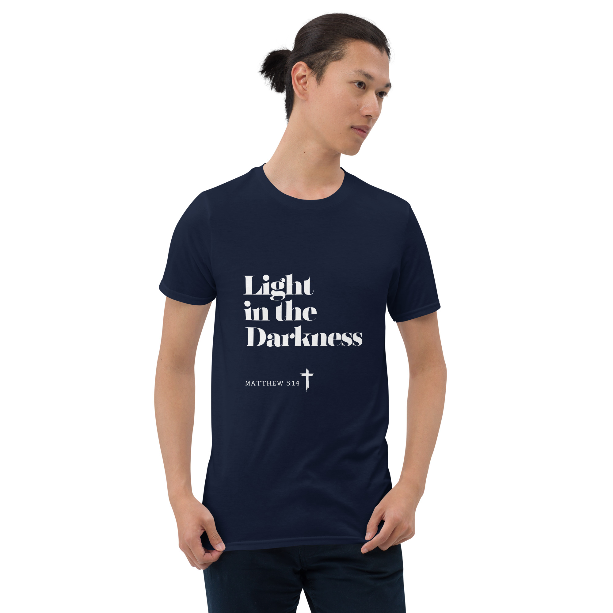 'Light in the Darkness' Unisex T-Shirt - w/Scripture, Dark Colours - Image 3