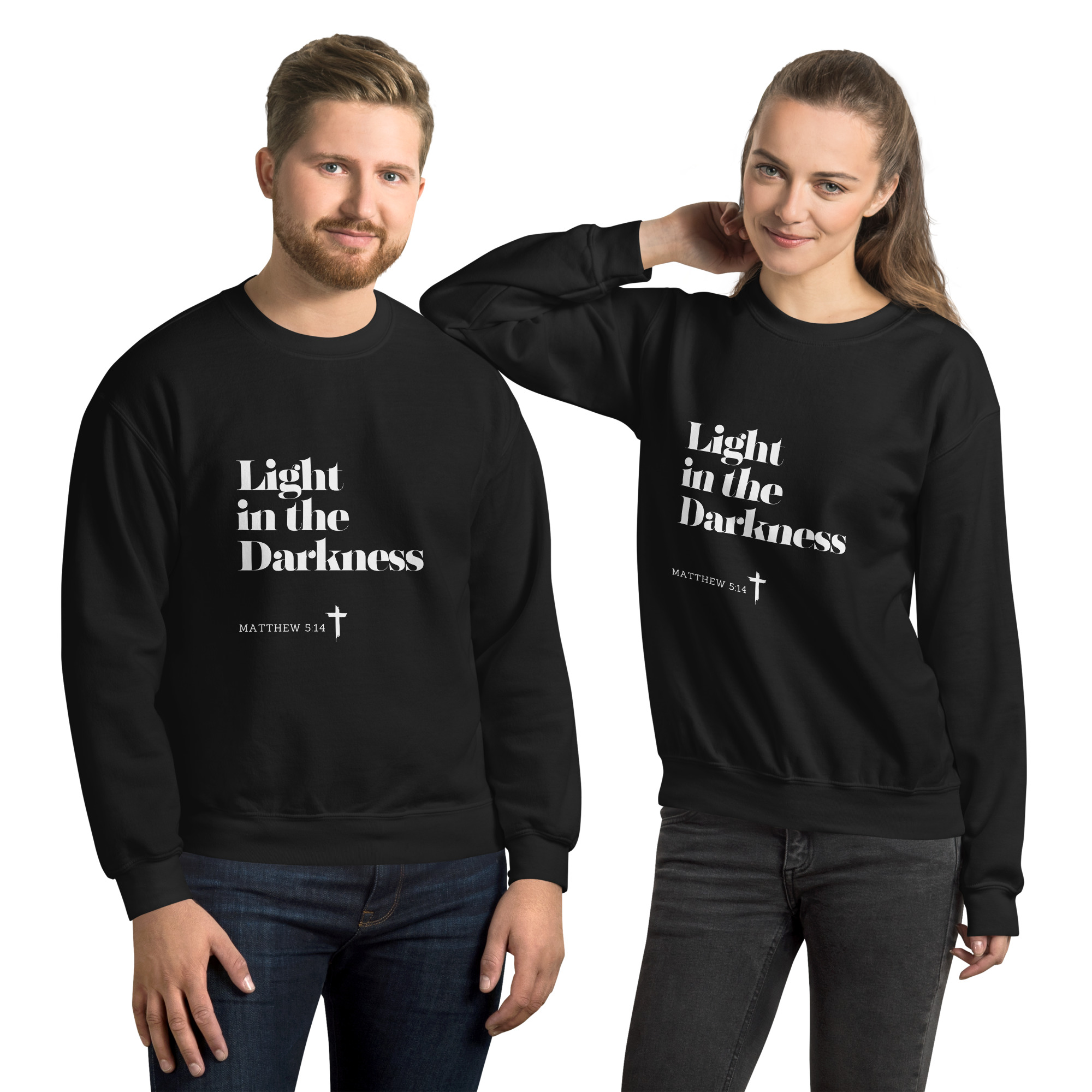 'Light in the Darkness' Slim Fit Unisex Sweatshirt - w/Scripture, Dark Colours - Image 2