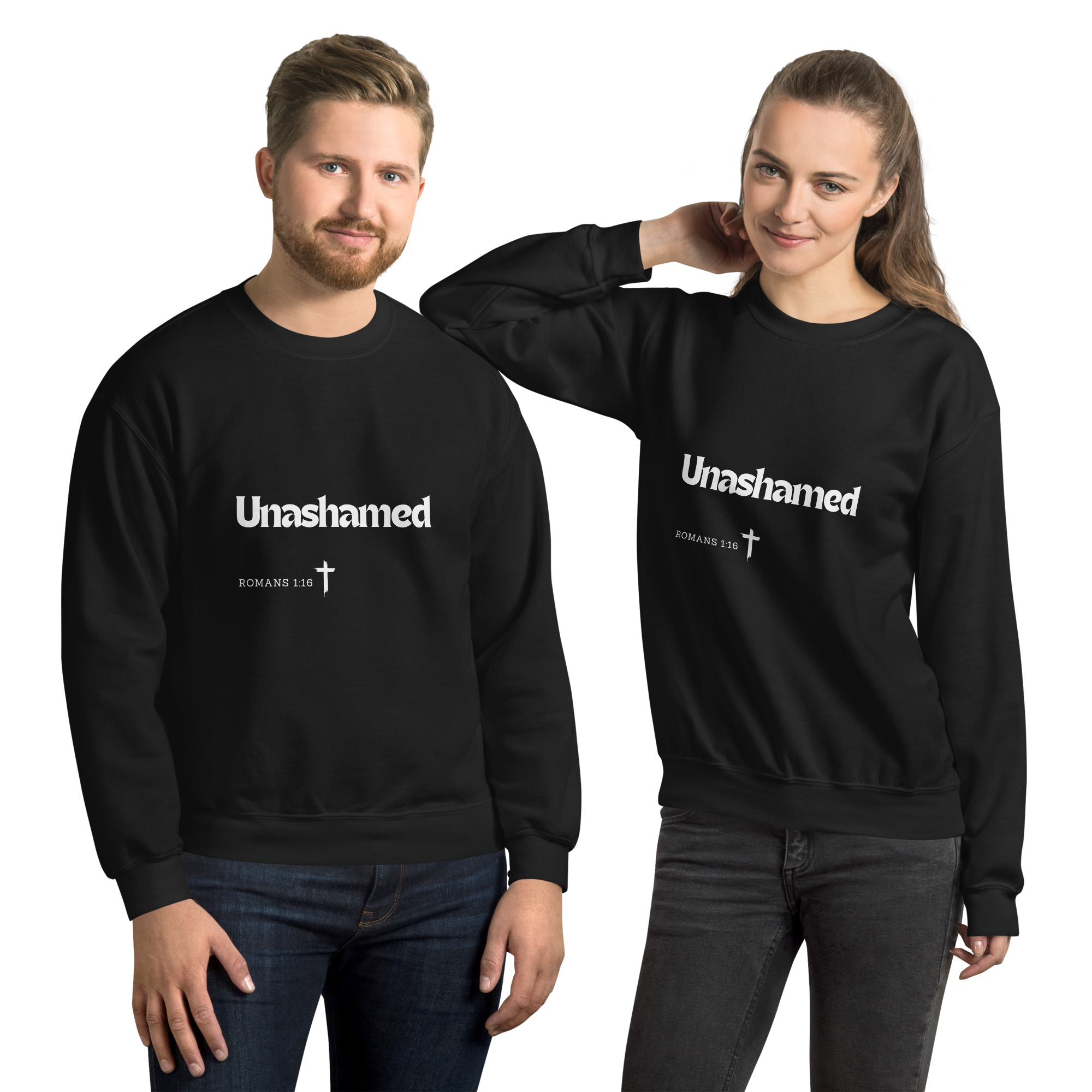 'Unashamed' Slim Fit Unisex Sweatshirt - w/Scripture, Dark Colours - Image 2