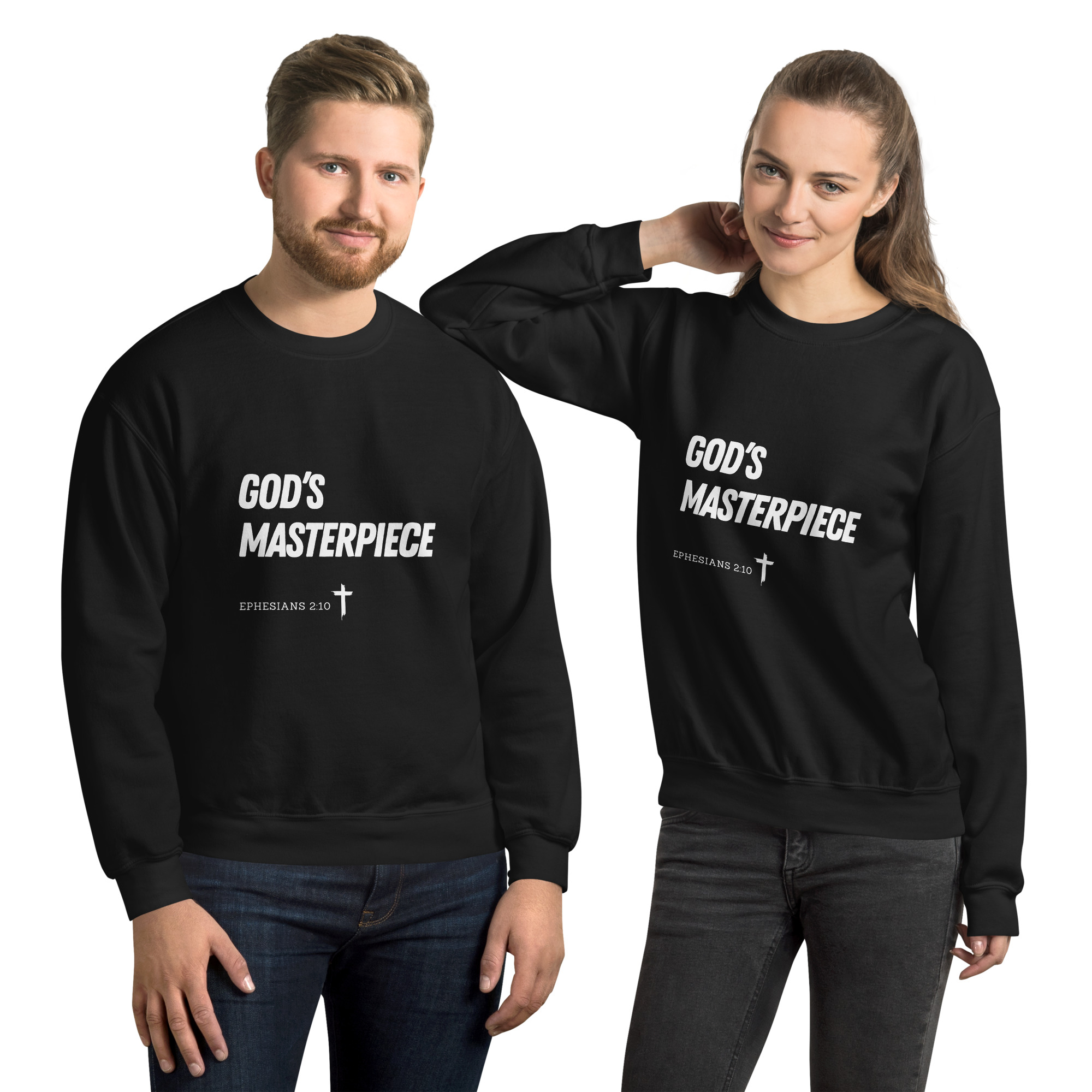 'God's Masterpiece' Slim Fit Unisex Sweatshirt - w/Scripture, Dark Colours - Image 2