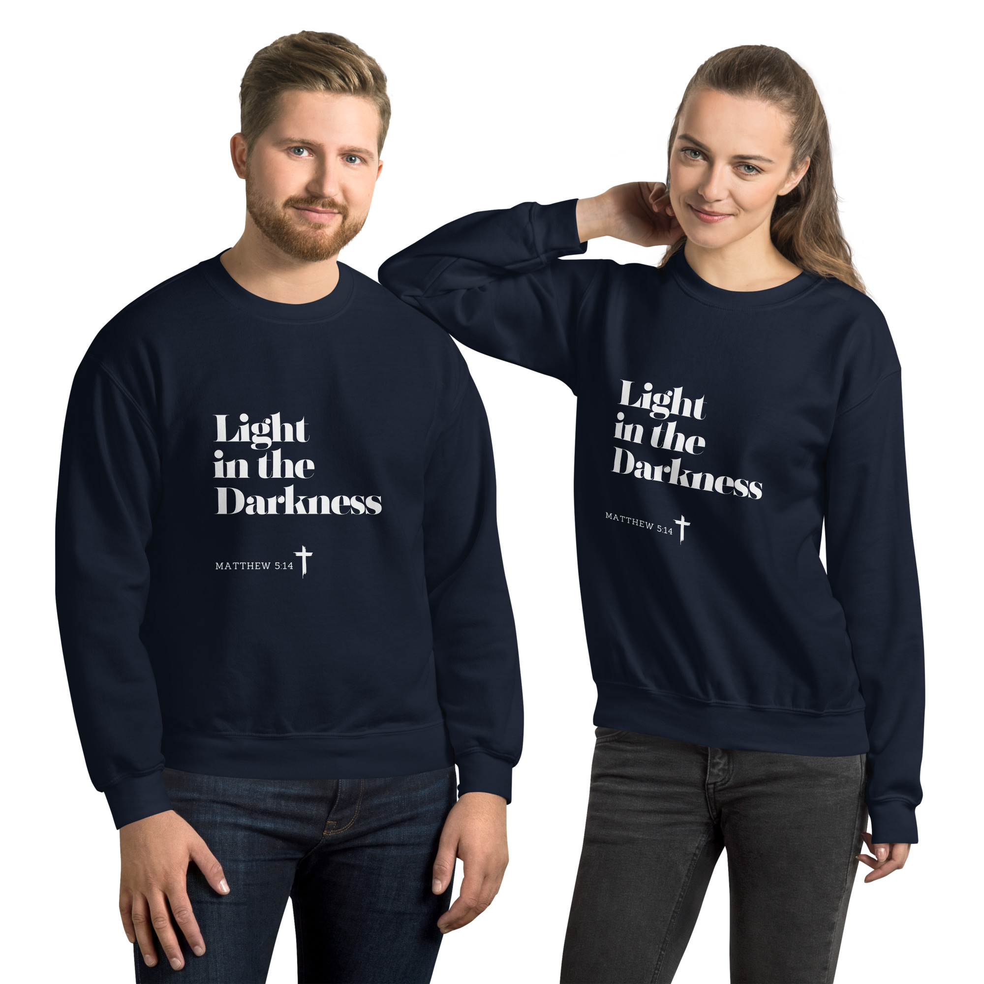 'Light in the Darkness' Slim Fit Unisex Sweatshirt - w/Scripture, Dark Colours - Image 3