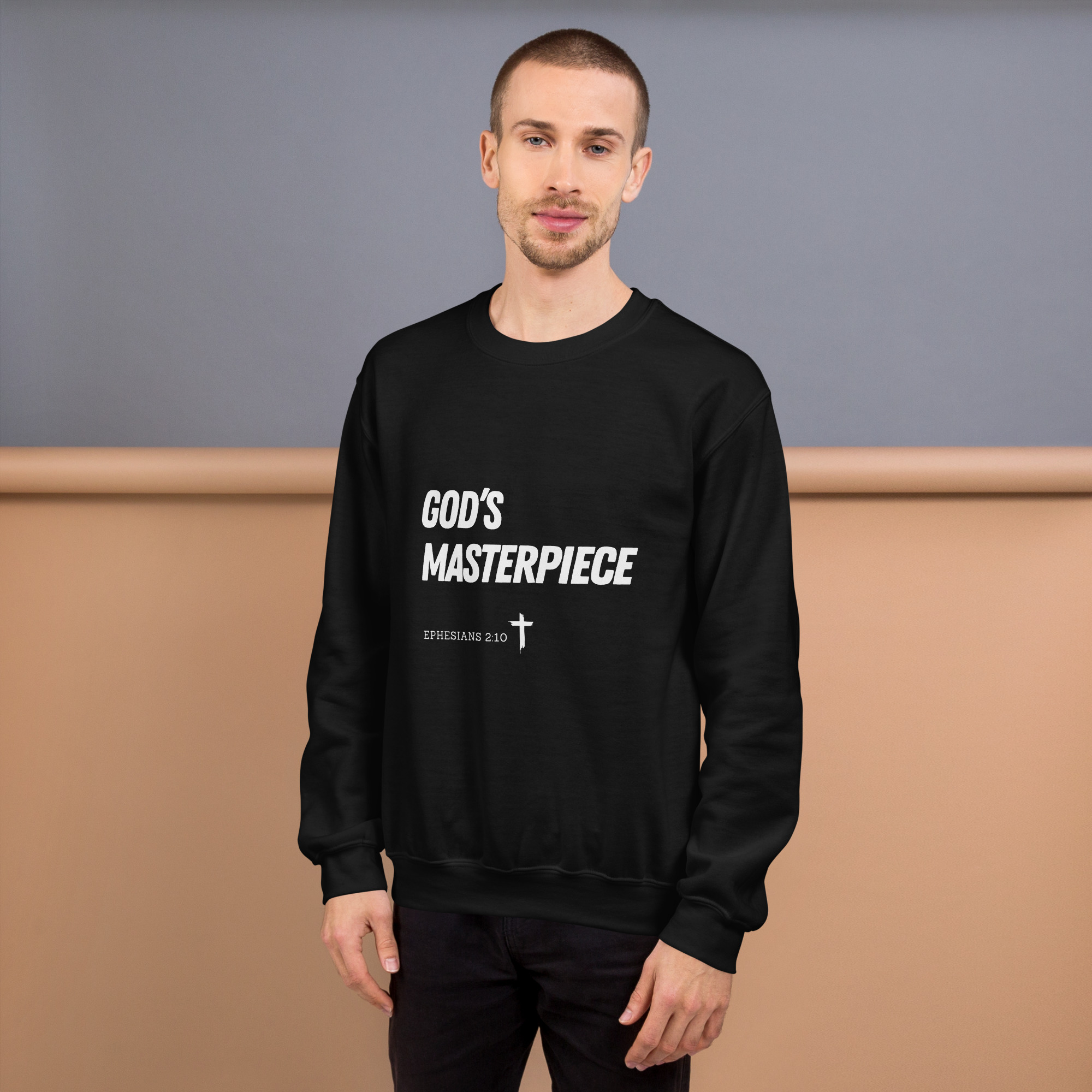 'God's Masterpiece' Slim Fit Unisex Sweatshirt - w/Scripture, Dark Colours - Image 3