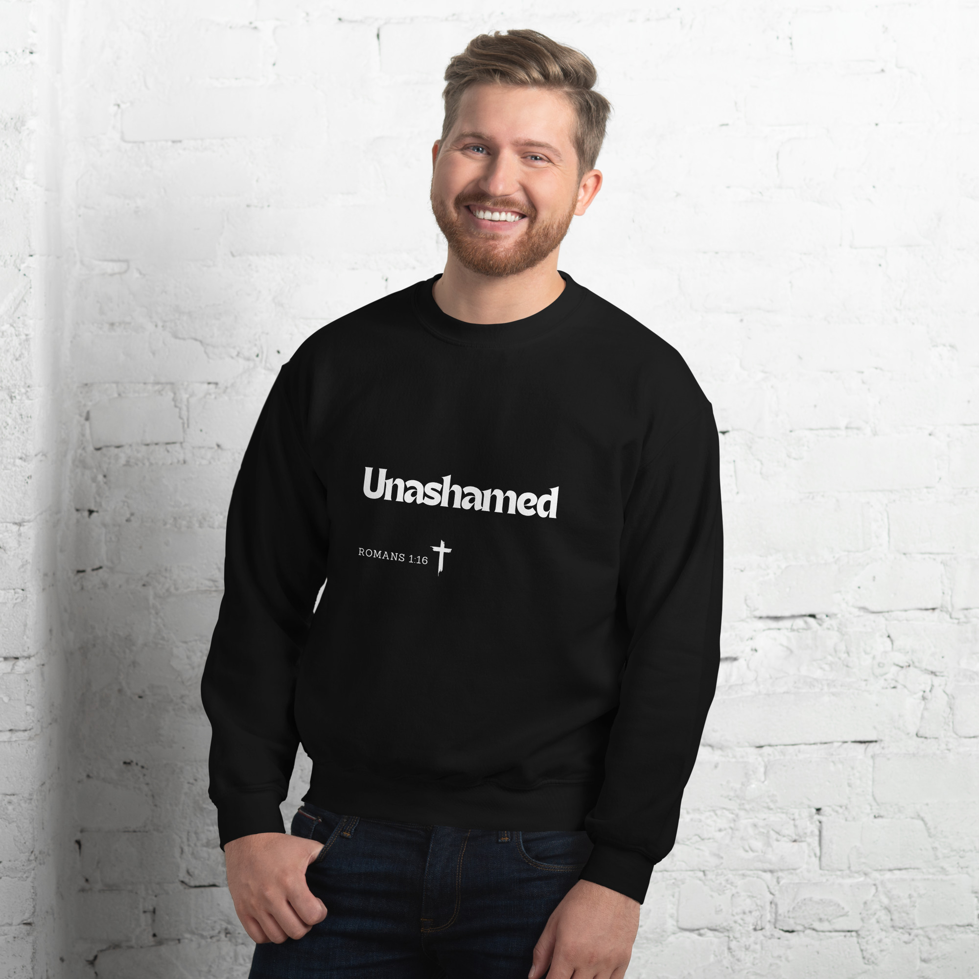 'Unashamed' Slim Fit Unisex Sweatshirt - w/Scripture, Dark Colours - Image 3