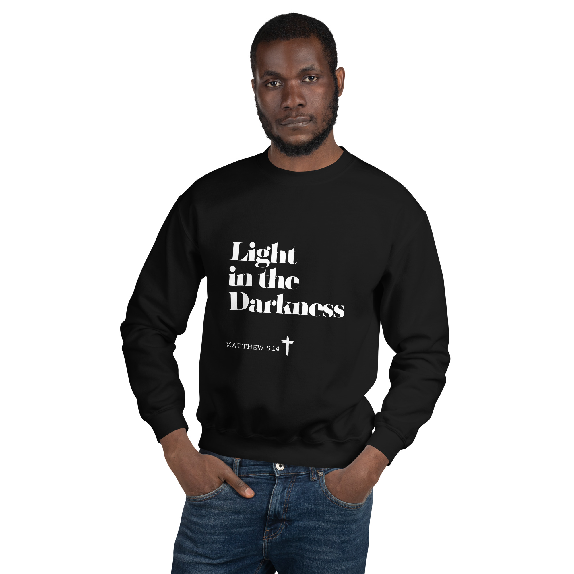 'Light in the Darkness' Slim Fit Unisex Sweatshirt - w/Scripture, Dark Colours - Image 3