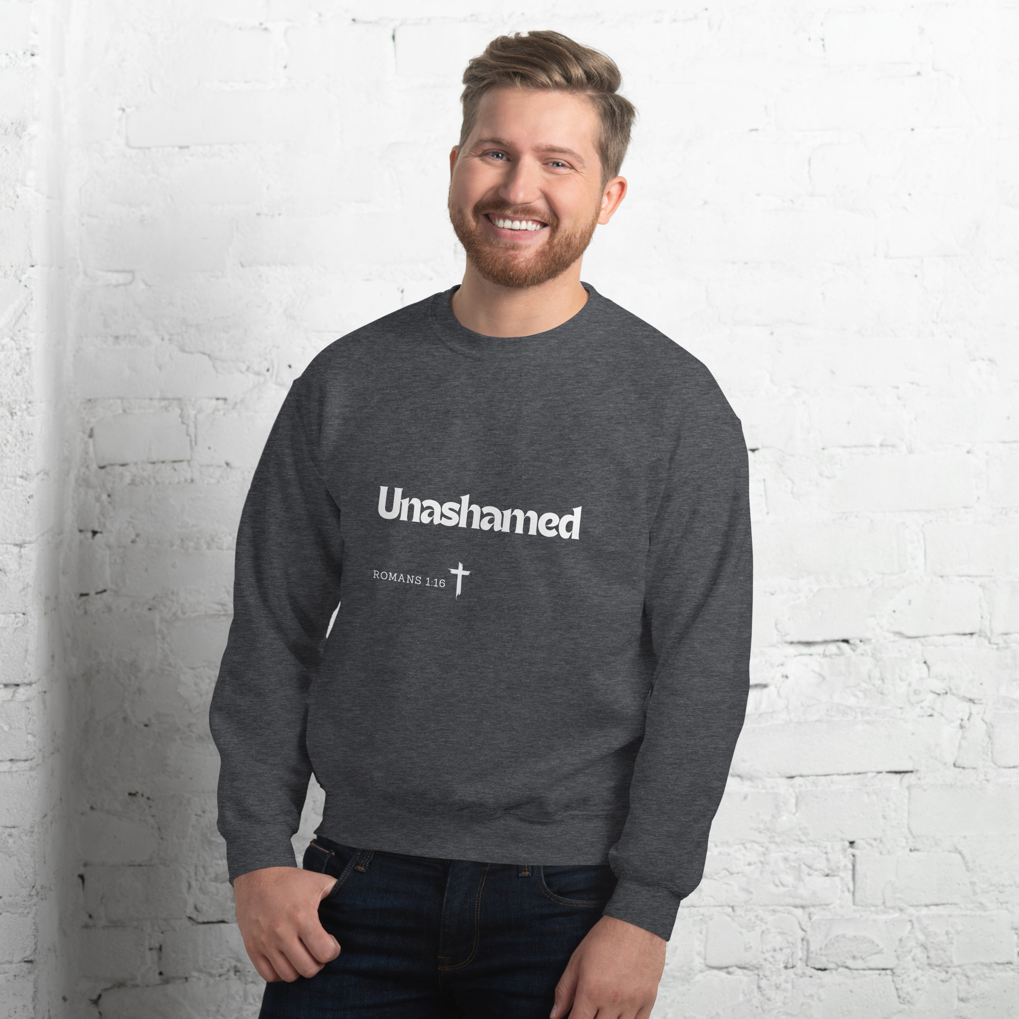 'Unashamed' Slim Fit Unisex Sweatshirt - w/Scripture, Dark Colours