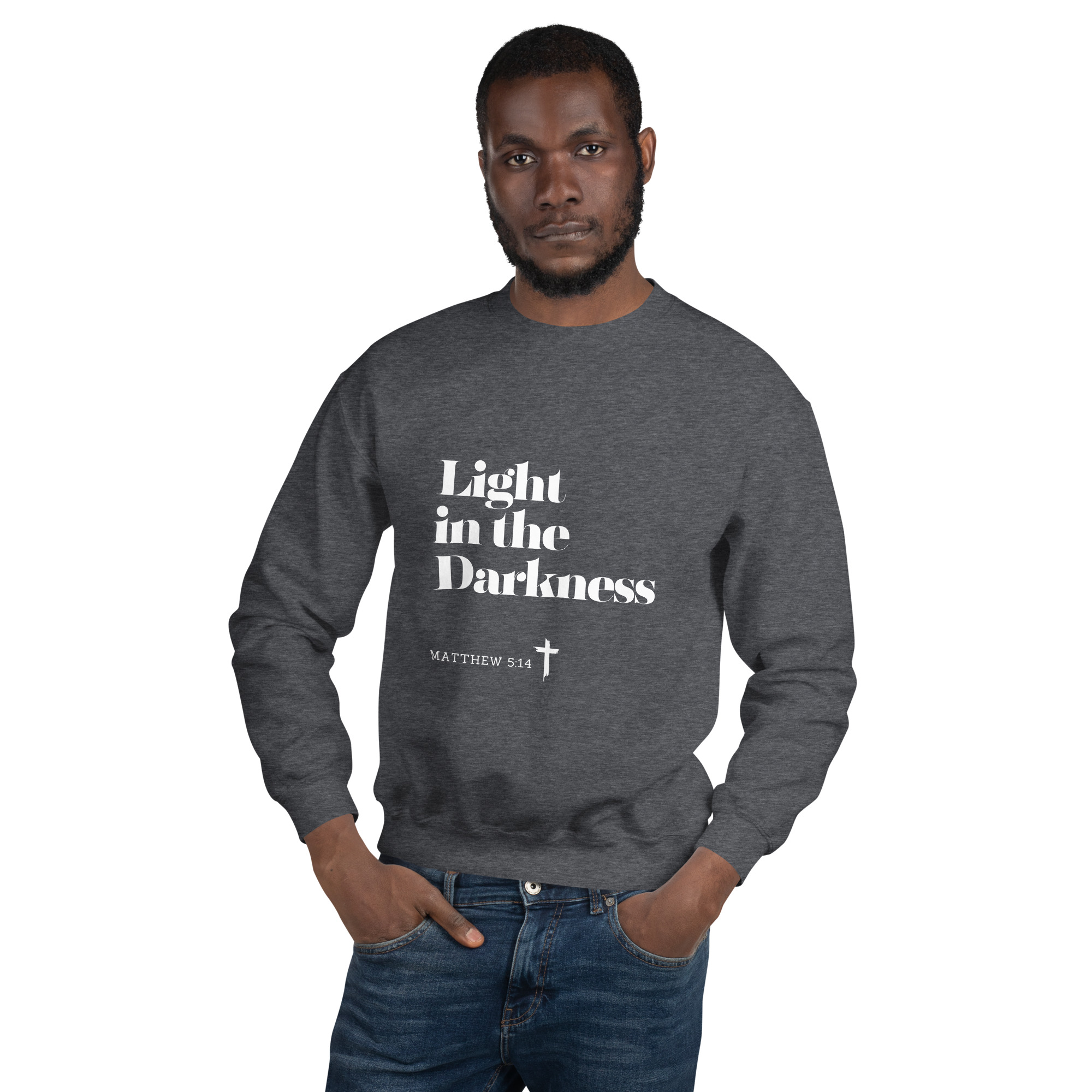 'Light in the Darkness' Slim Fit Unisex Sweatshirt - w/Scripture, Dark Colours - Image 9