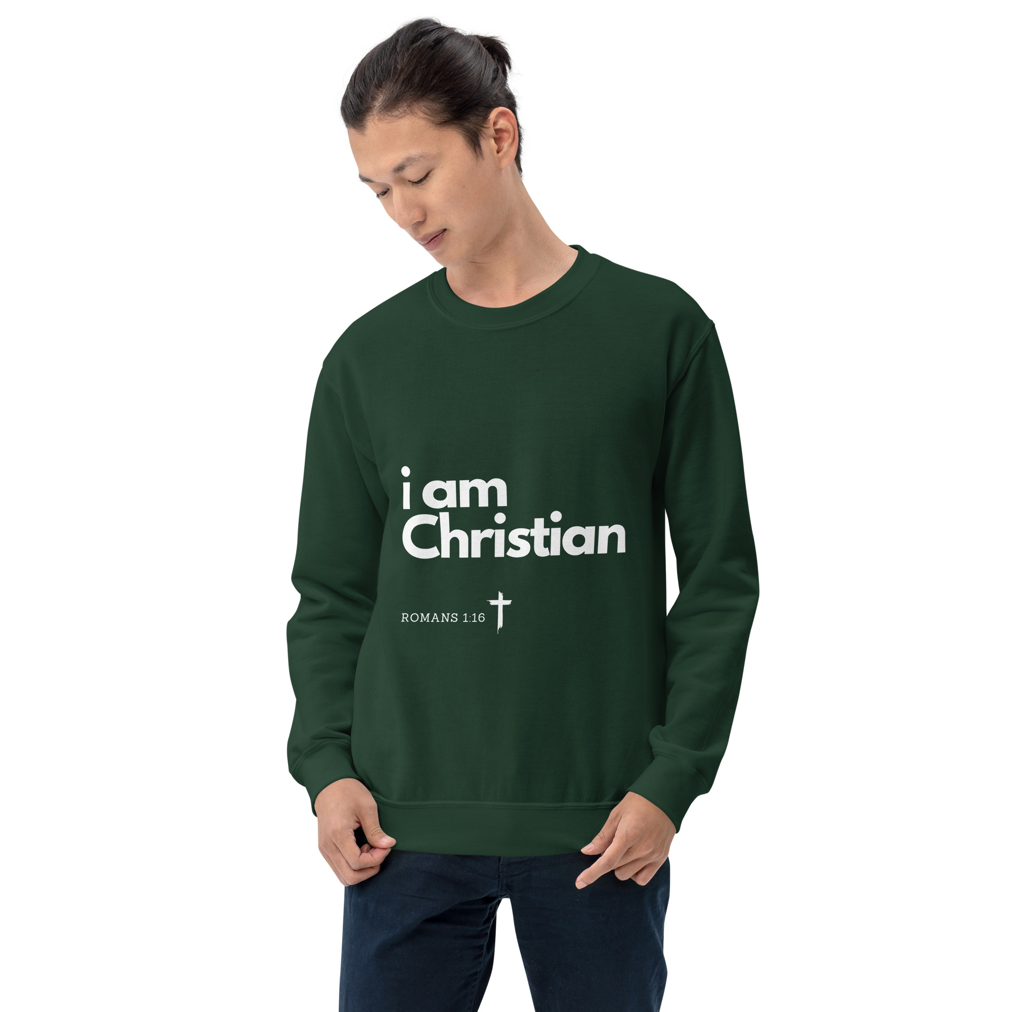 'i am Christian' Slim Fit Unisex Sweatshirt - w/Scripture, Dark Colours - Image 3