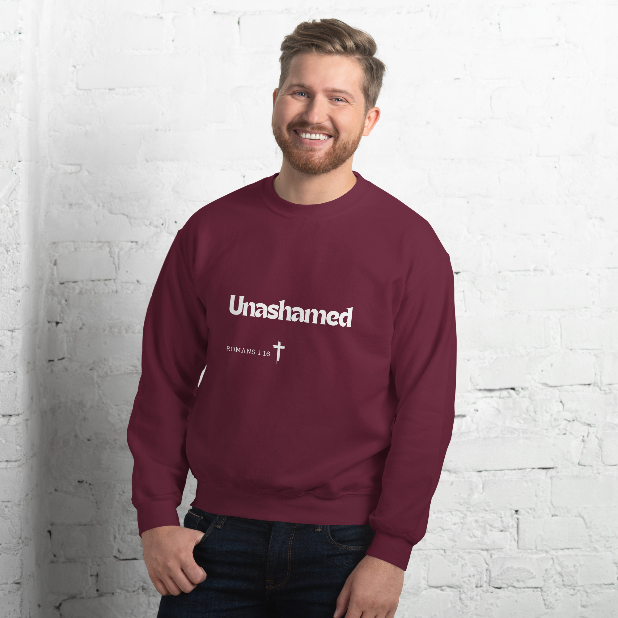'Unashamed' Slim Fit Unisex Sweatshirt - w/Scripture, Dark Colours - Image 7