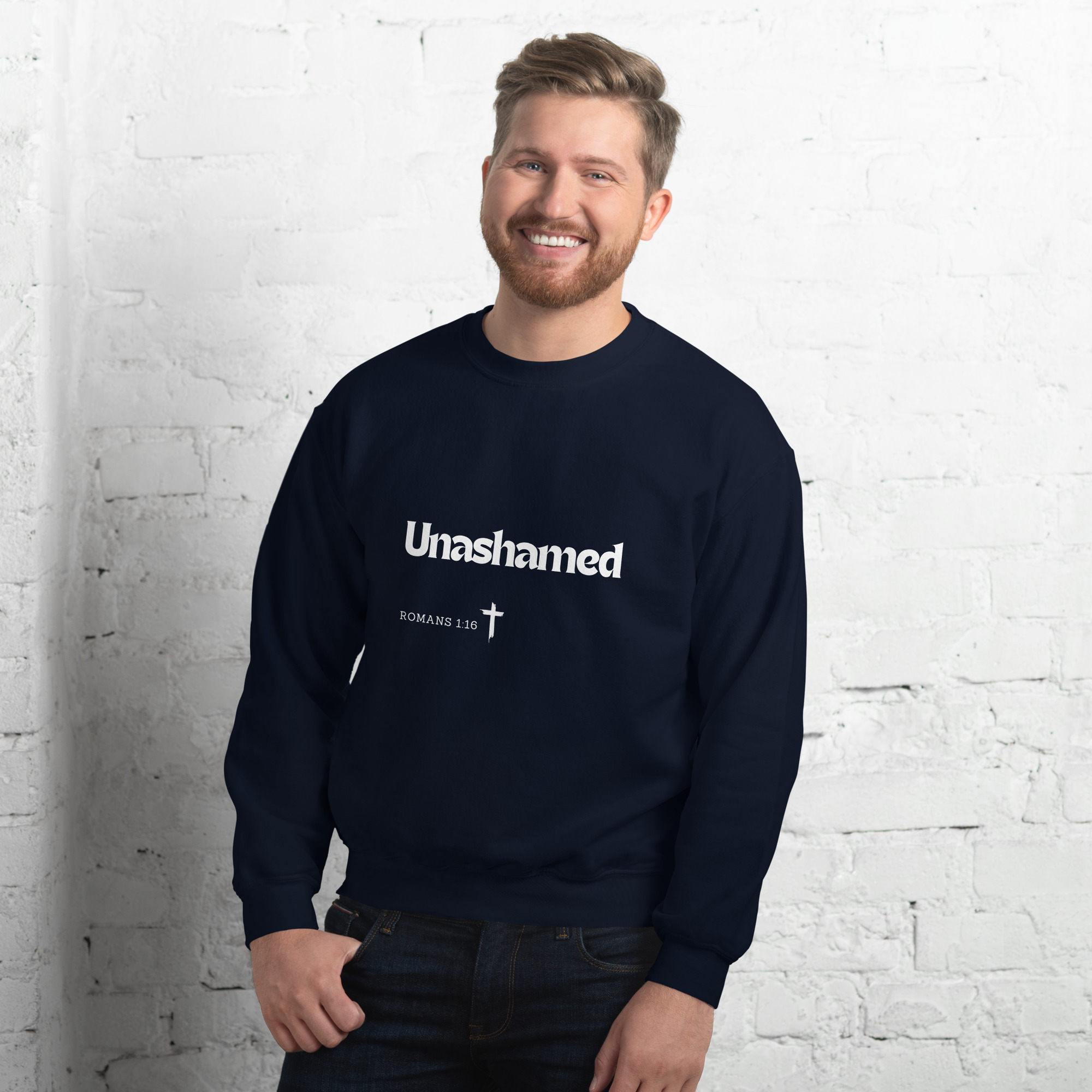 'Unashamed' Slim Fit Unisex Sweatshirt - w/Scripture, Dark Colours - Image 5
