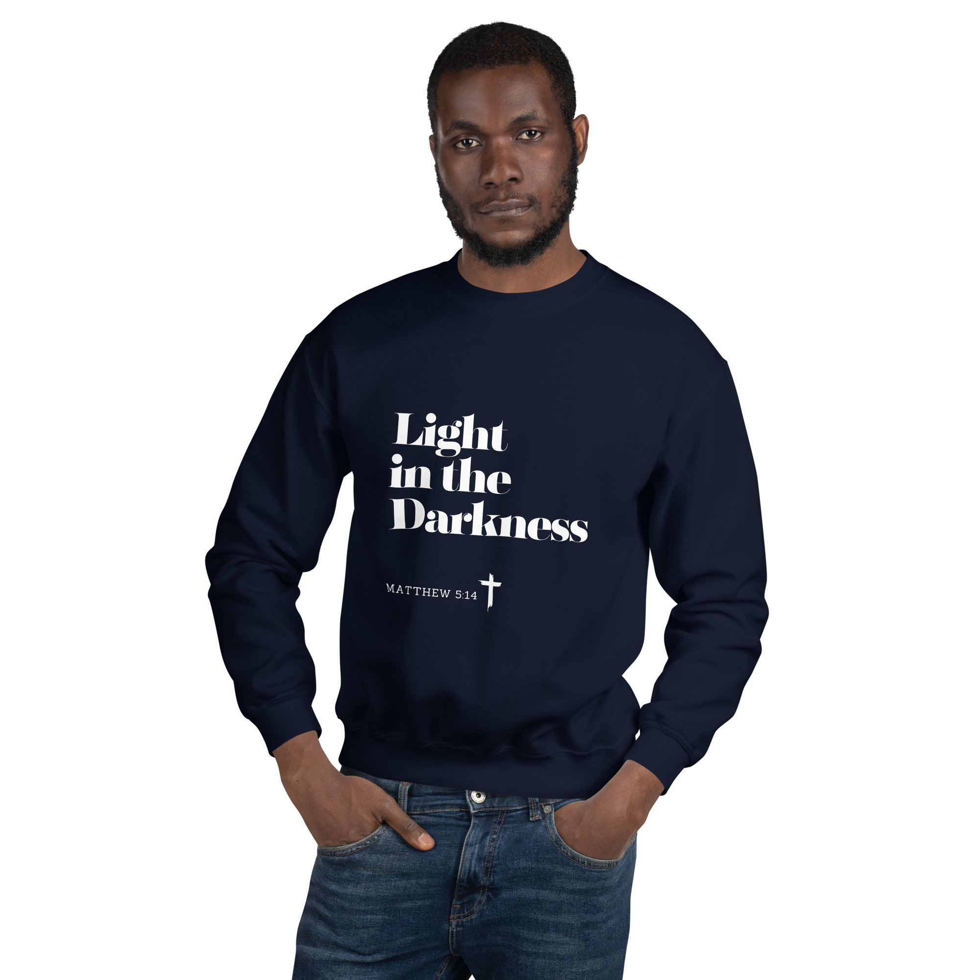 'Light in the Darkness' Slim Fit Unisex Sweatshirt - w/Scripture, Dark Colours - Image 5