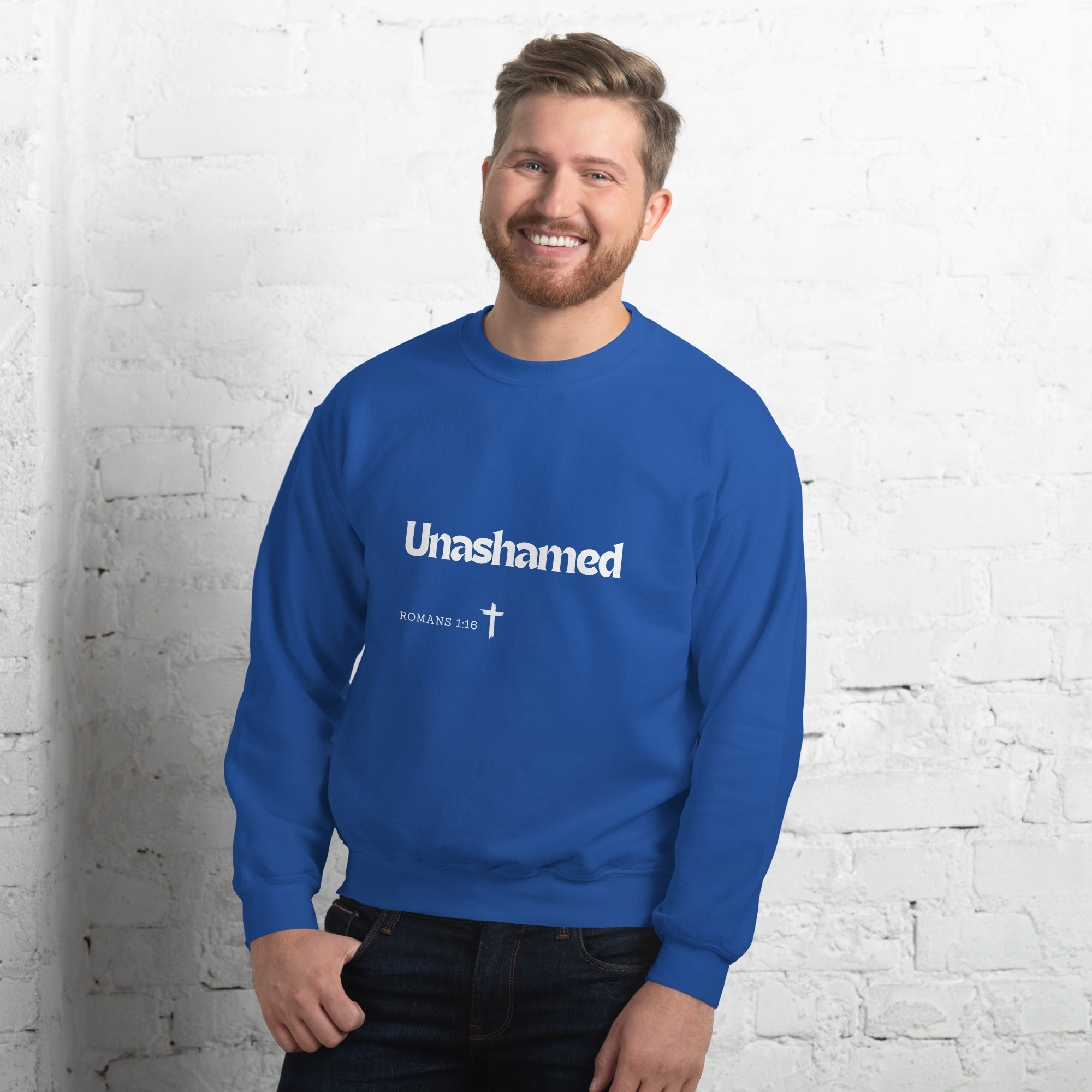 'Unashamed' Slim Fit Unisex Sweatshirt - w/Scripture, Dark Colours - Image 11
